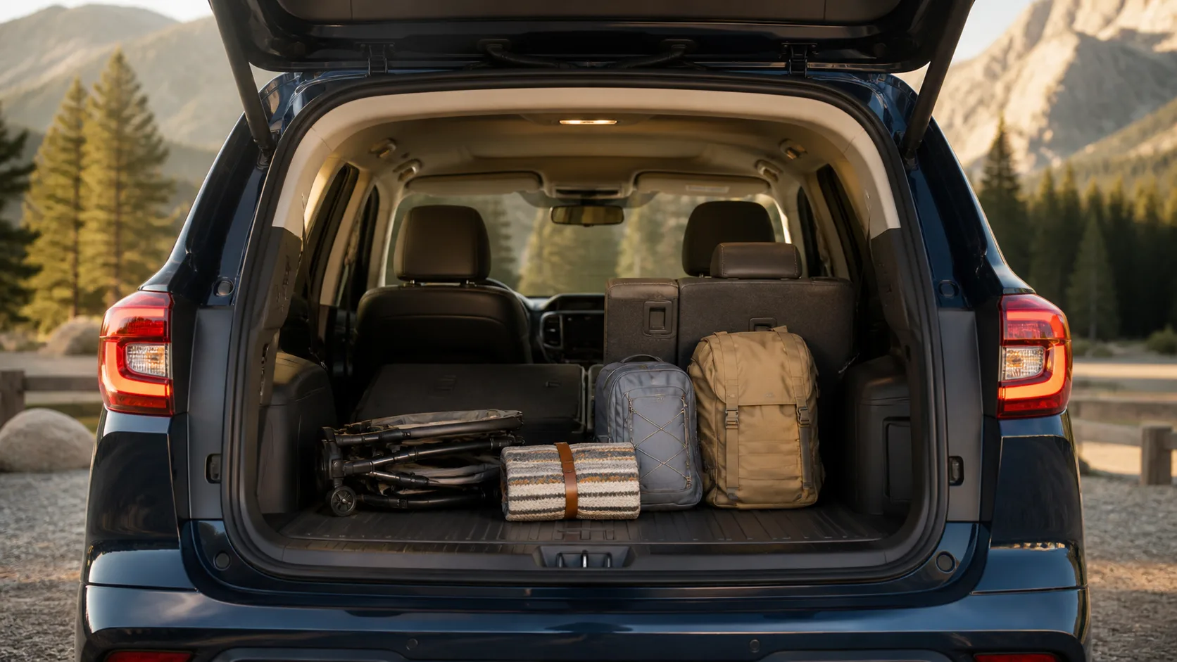 Open SUV cargo area prepared for a trip