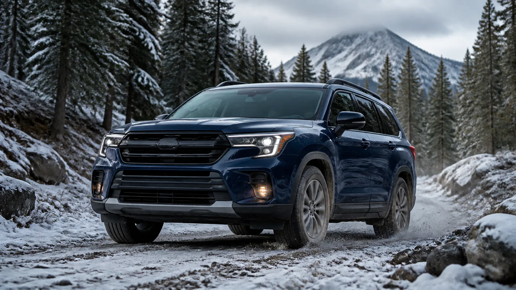 Blue three-row SUV driving through snow on a mountain road